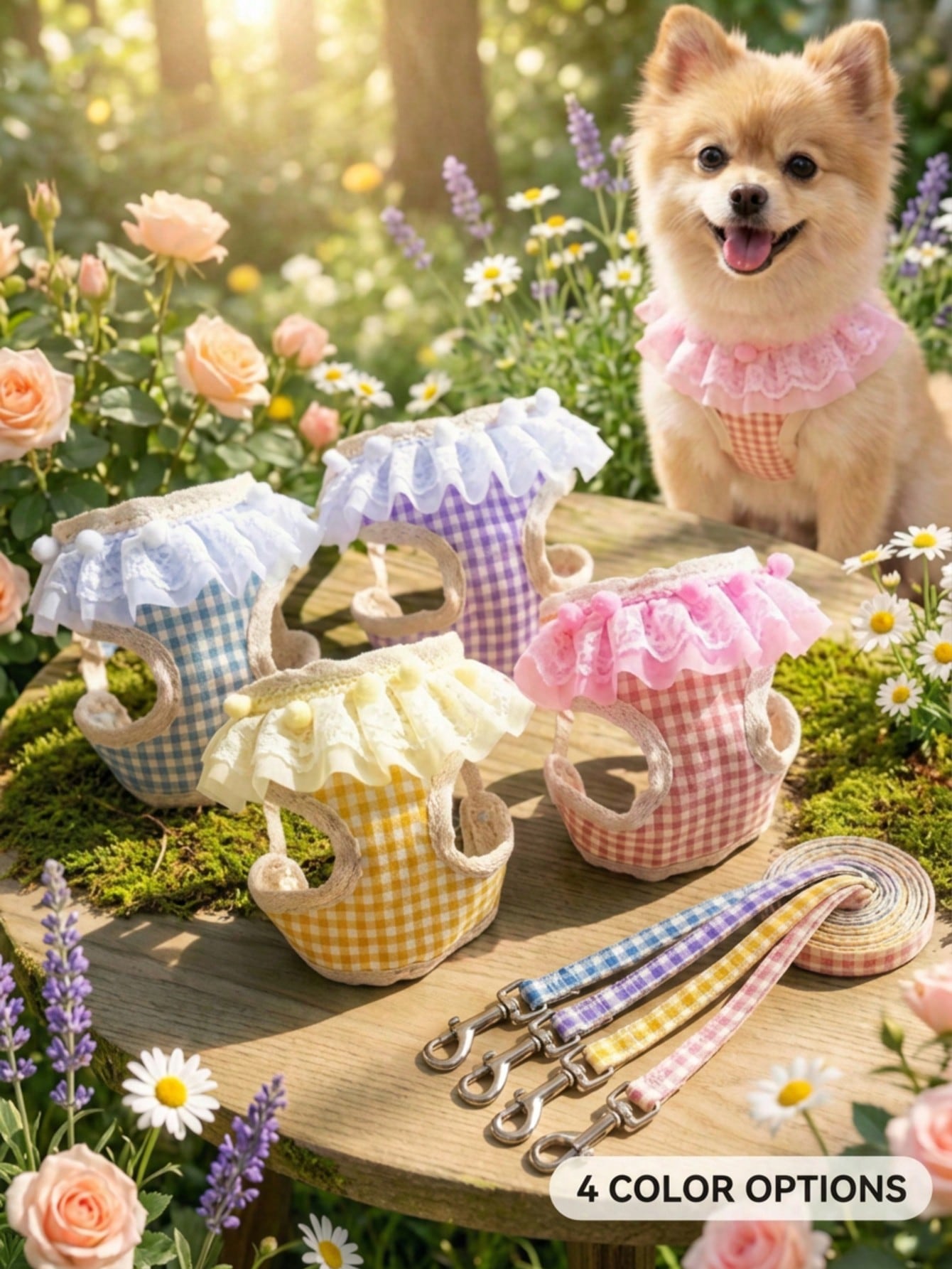 Multicolor breathable mesh pet harness and leash set for dogs and cats with checkered lace design, mesh pocket, reflective details, and safety lock buckle