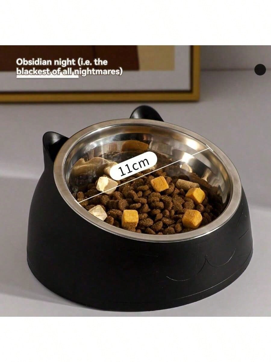 15° Detachable & Washable Cute Cat Design Stainless Steel Pet Cat Bowl With Tilted Neck Protection. Anti-Vomiting 15 Degree Inclined Cat Basin, Stable Base, Not Easy To Overturn, Pet Drinking Or Feeding Station, Cat Supplies, Cat Food Bowl, Cat Bowl Set