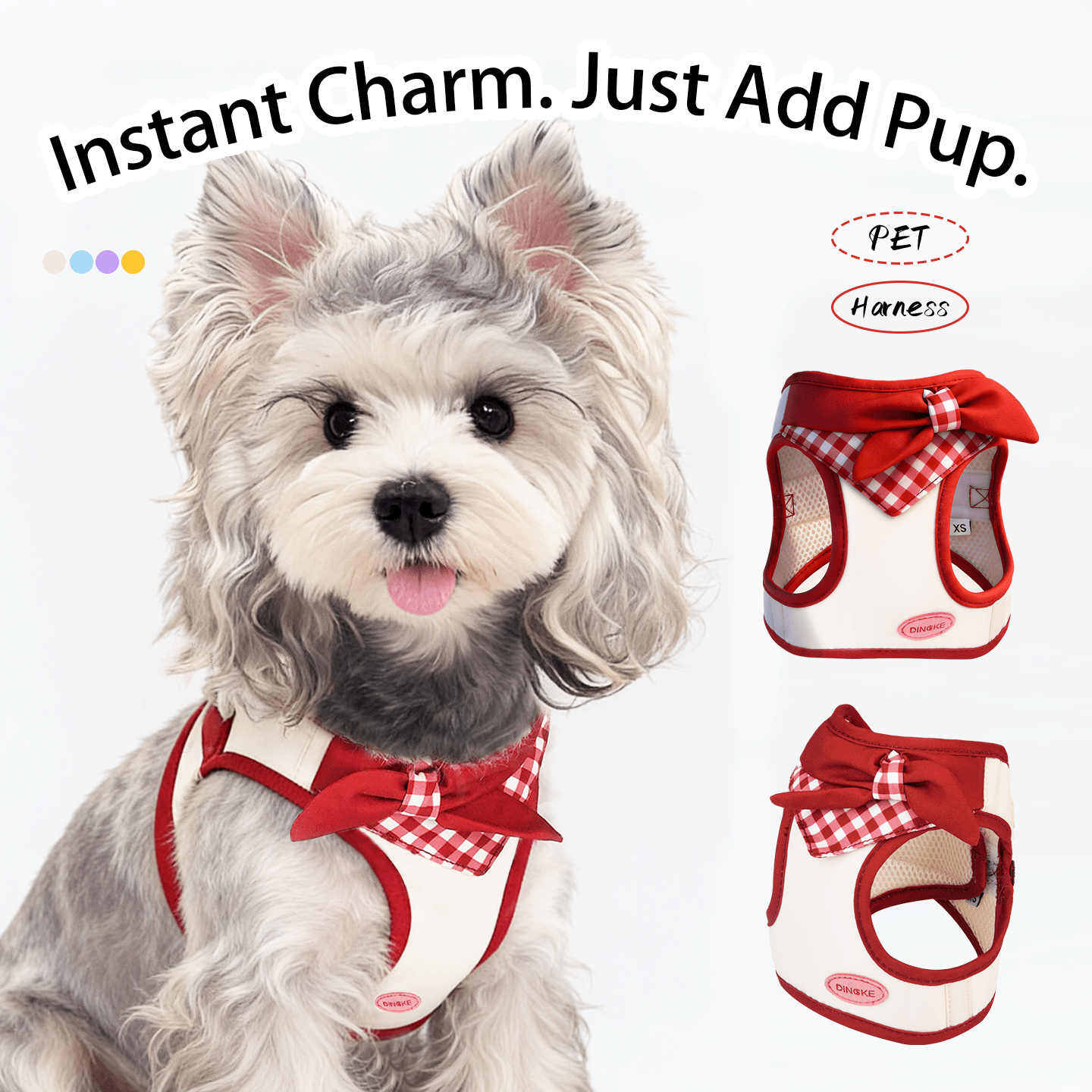 Multicolor plaid bow dog and cat harness vest made from polyester with breathable air mesh, adjustable no-pull fit for small pets