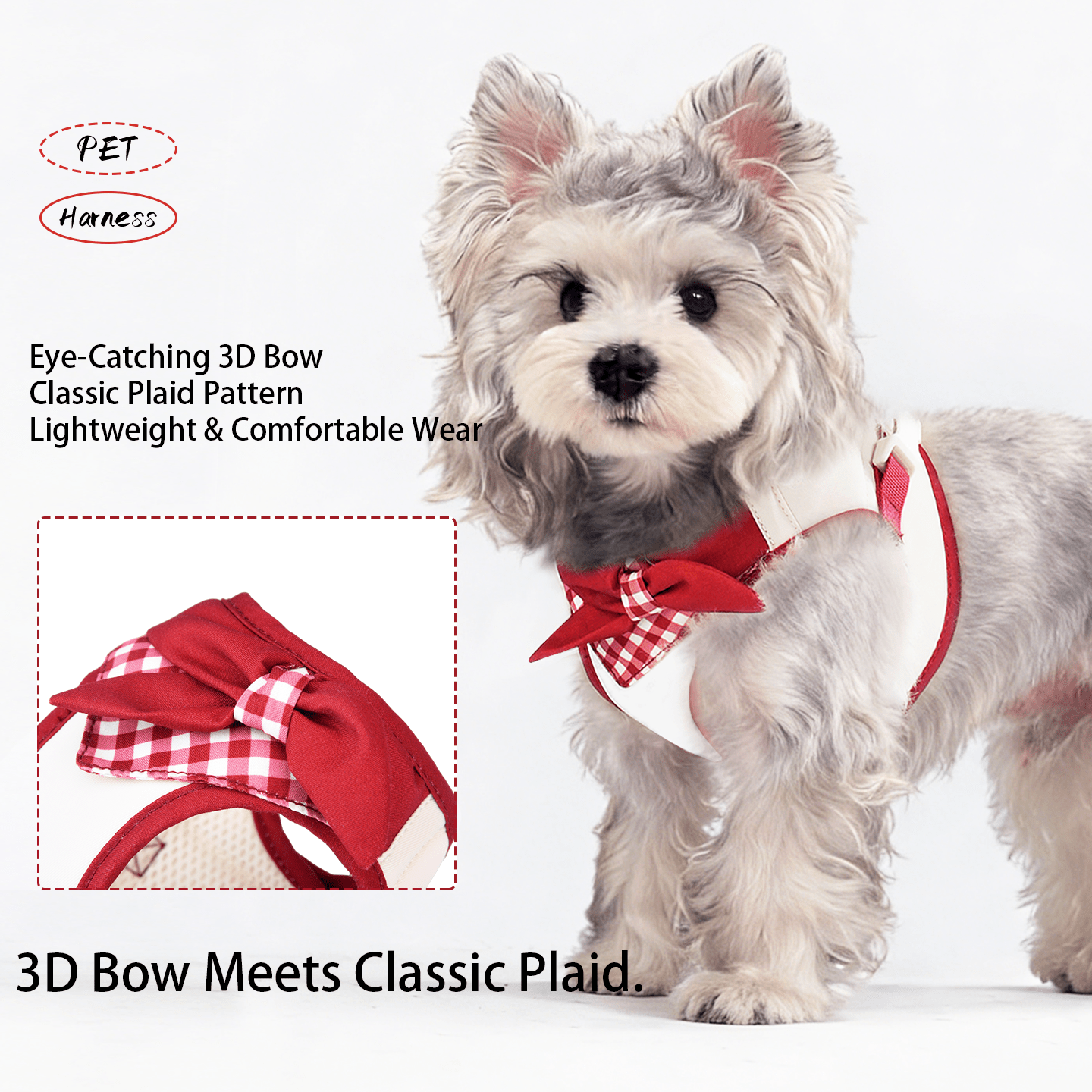 Multicolor plaid bow dog and cat harness vest made from polyester with breathable air mesh, adjustable no-pull fit for small pets