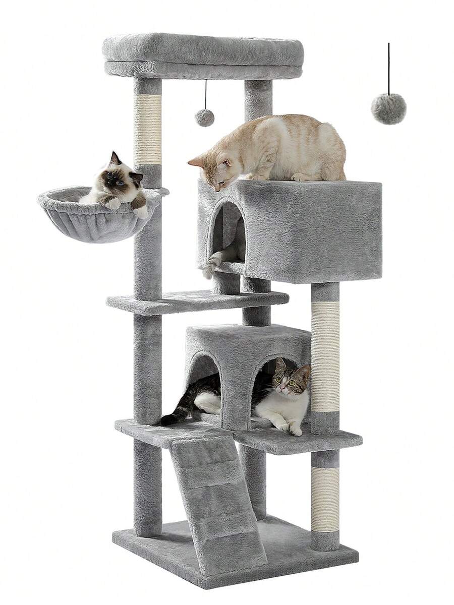 56.3 inch grey multi-level cat tree with large top perch, two condos, plush hammock, and sisal scratching posts.