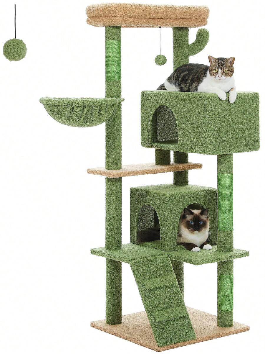 56.3 inch grey multi-level cat tree with large top perch, two condos, plush hammock, and sisal scratching posts.