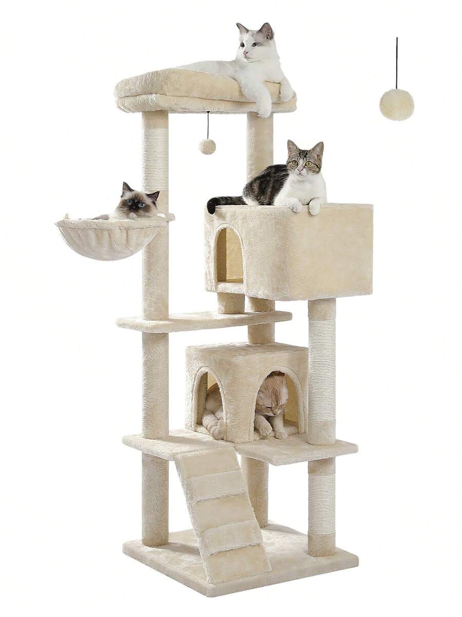 56.3 inch grey multi-level cat tree with large top perch, two condos, plush hammock, and sisal scratching posts.