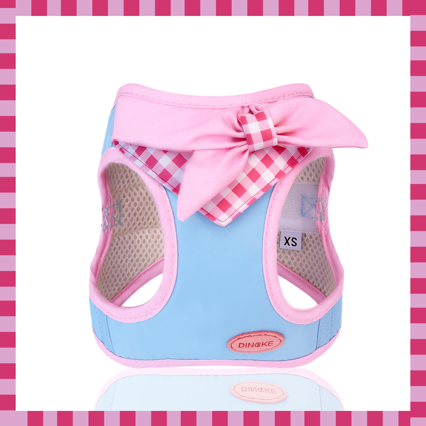 Multicolor plaid bow dog and cat harness vest made from polyester with breathable air mesh, adjustable no-pull fit for small pets