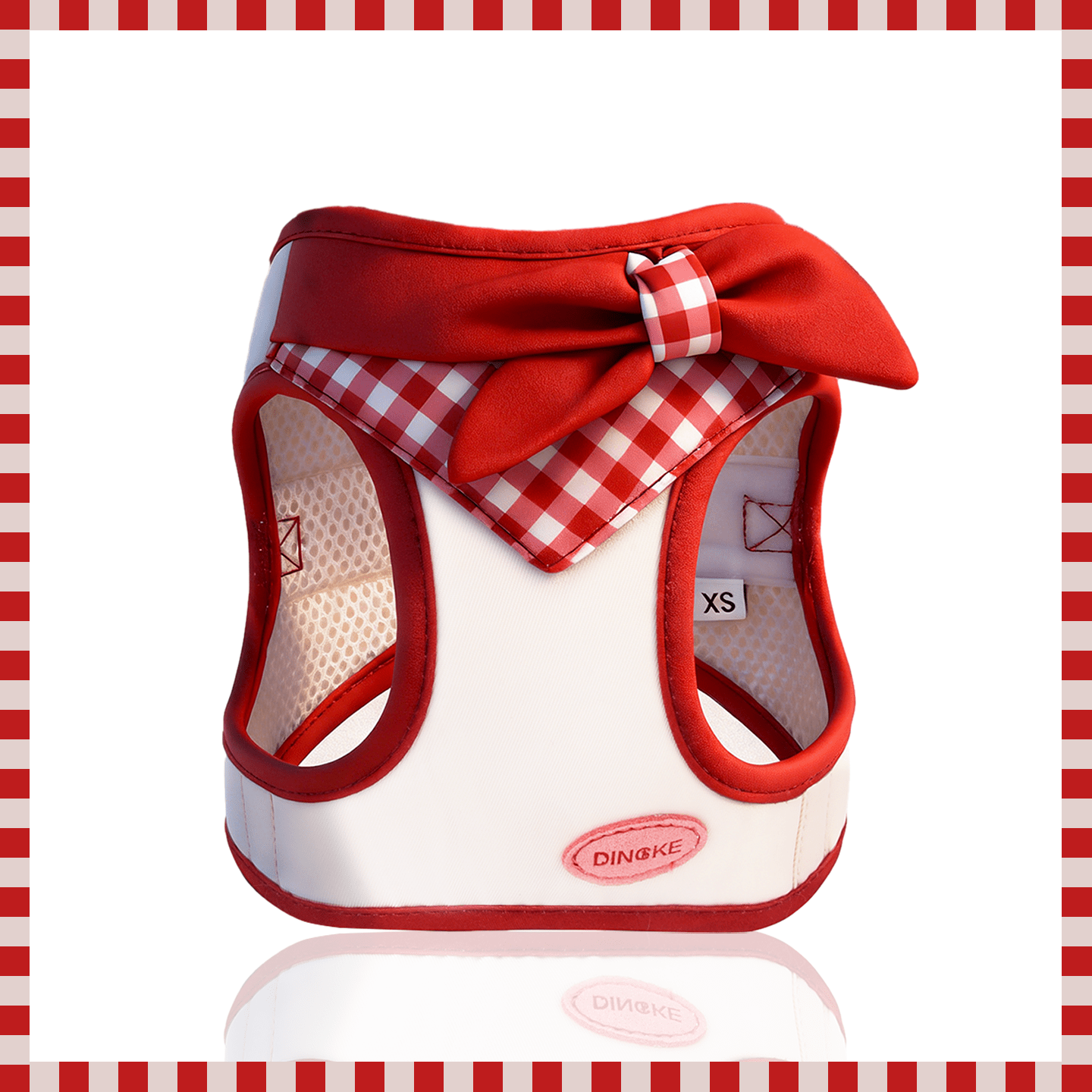 Multicolor plaid bow dog and cat harness vest made from polyester with breathable air mesh, adjustable no-pull fit for small pets
