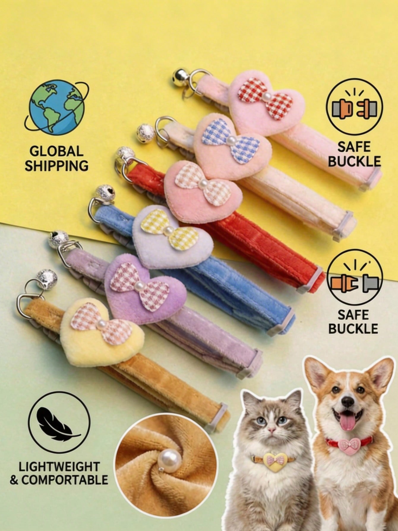 Multicolor adjustable polyester pet collar with cartoon heart-shaped bow decoration and bell pendant for small and medium cats and dogs.