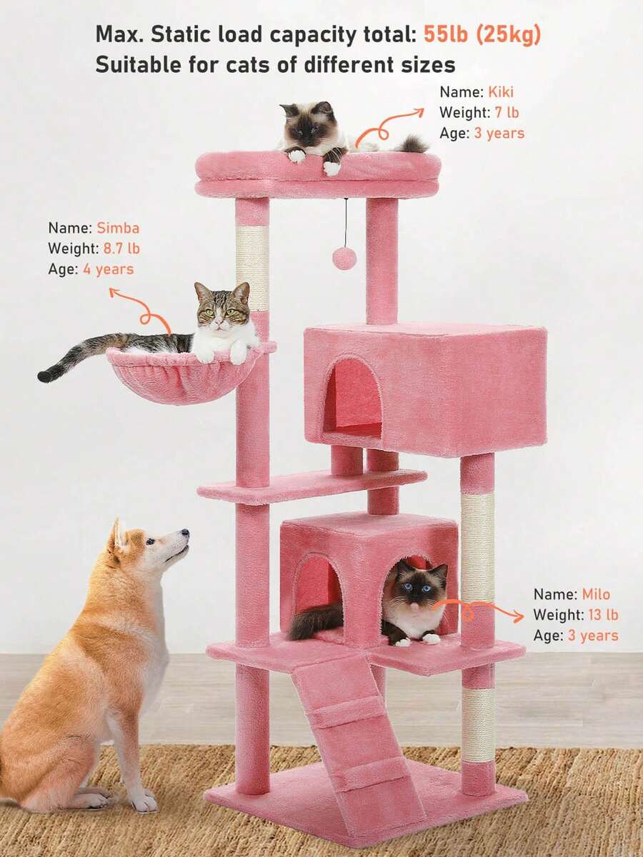 56.3 inch grey multi-level cat tree with large top perch, two condos, plush hammock, and sisal scratching posts.