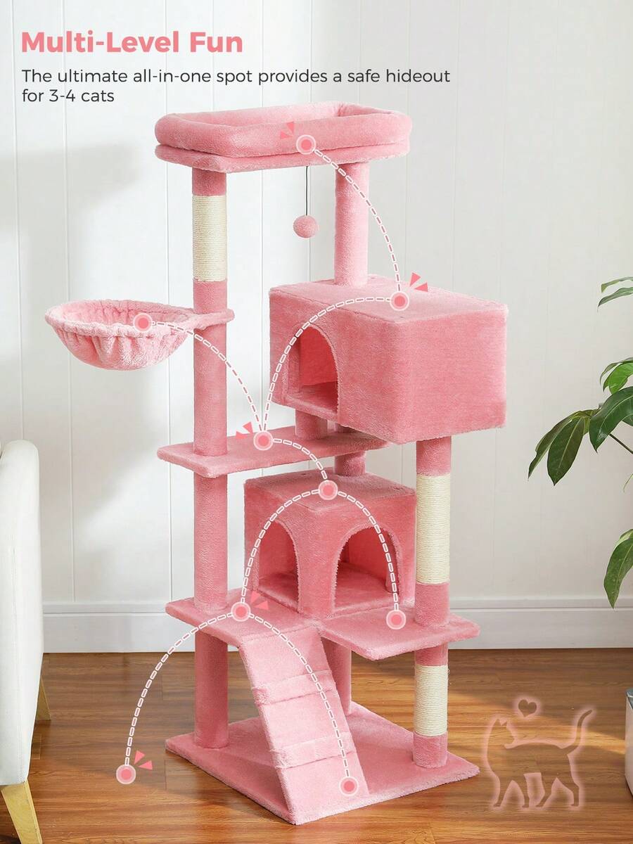 56.3 inch grey multi-level cat tree with large top perch, two condos, plush hammock, and sisal scratching posts.