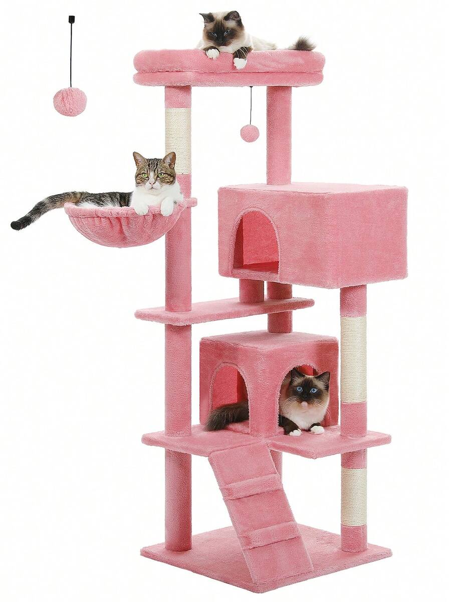 56.3 inch grey multi-level cat tree with large top perch, two condos, plush hammock, and sisal scratching posts.