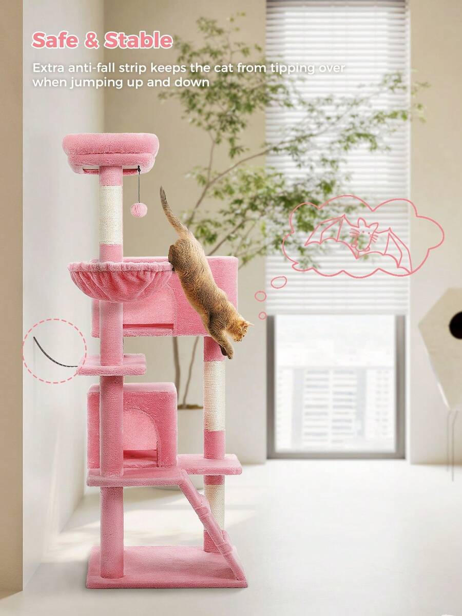56.3 inch grey multi-level cat tree with large top perch, two condos, plush hammock, and sisal scratching posts.