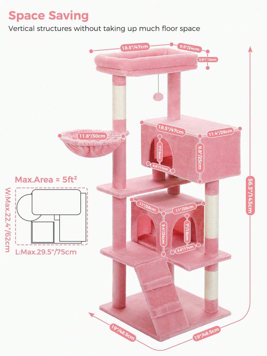 56.3 inch grey multi-level cat tree with large top perch, two condos, plush hammock, and sisal scratching posts.