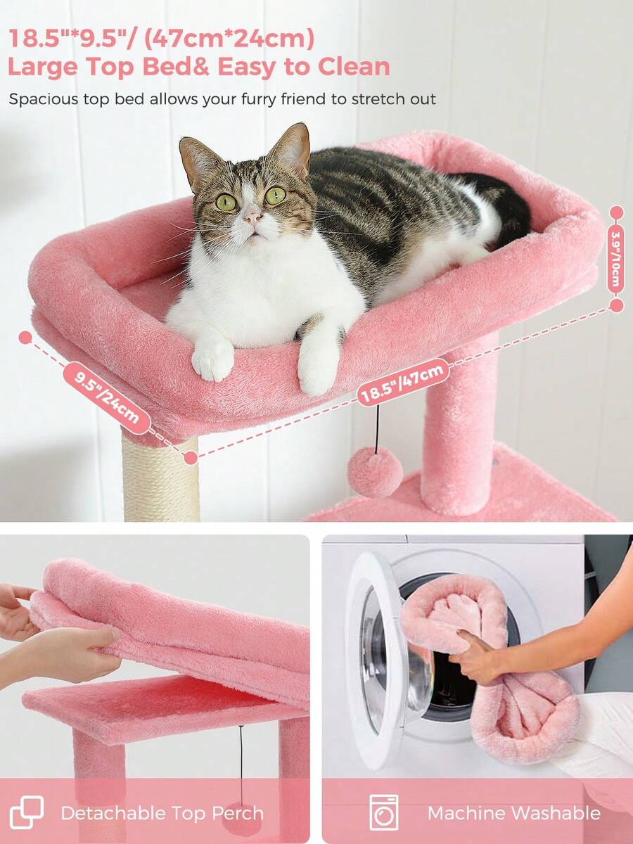 56.3 inch grey multi-level cat tree with large top perch, two condos, plush hammock, and sisal scratching posts.