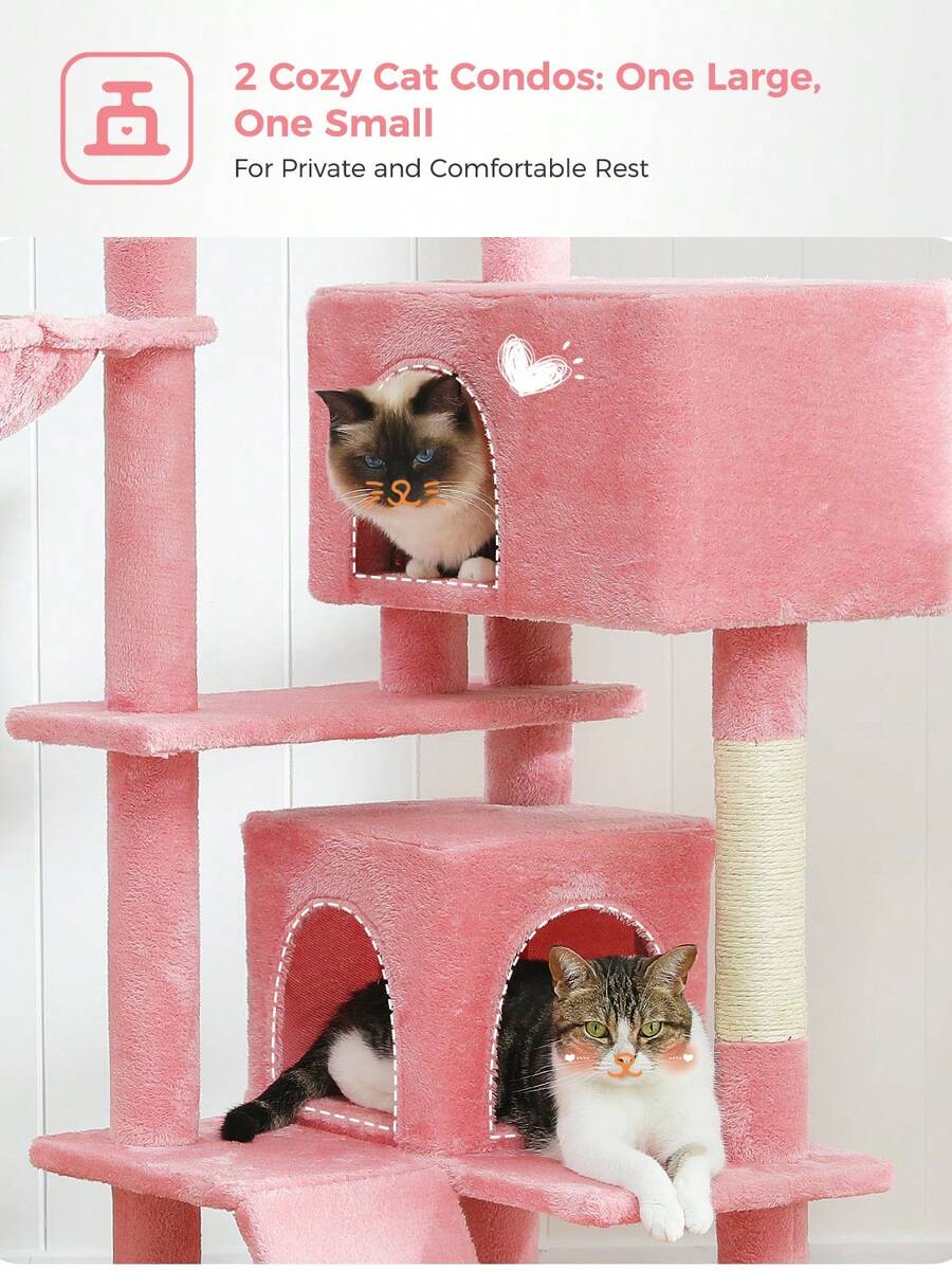 56.3 inch grey multi-level cat tree with large top perch, two condos, plush hammock, and sisal scratching posts.