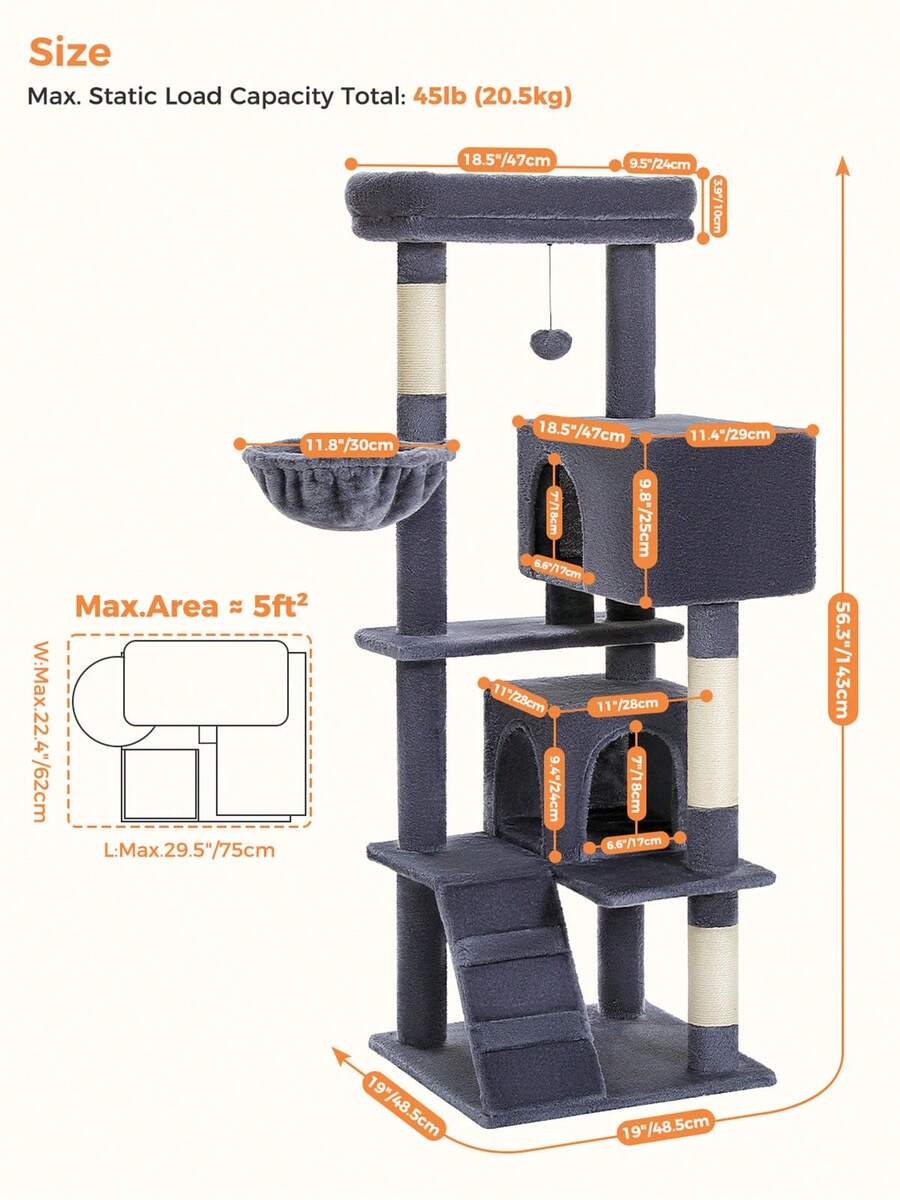 56.3 inch grey multi-level cat tree with large top perch, two condos, plush hammock, and sisal scratching posts.