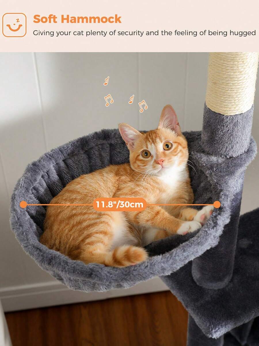 56.3 inch grey multi-level cat tree with large top perch, two condos, plush hammock, and sisal scratching posts.