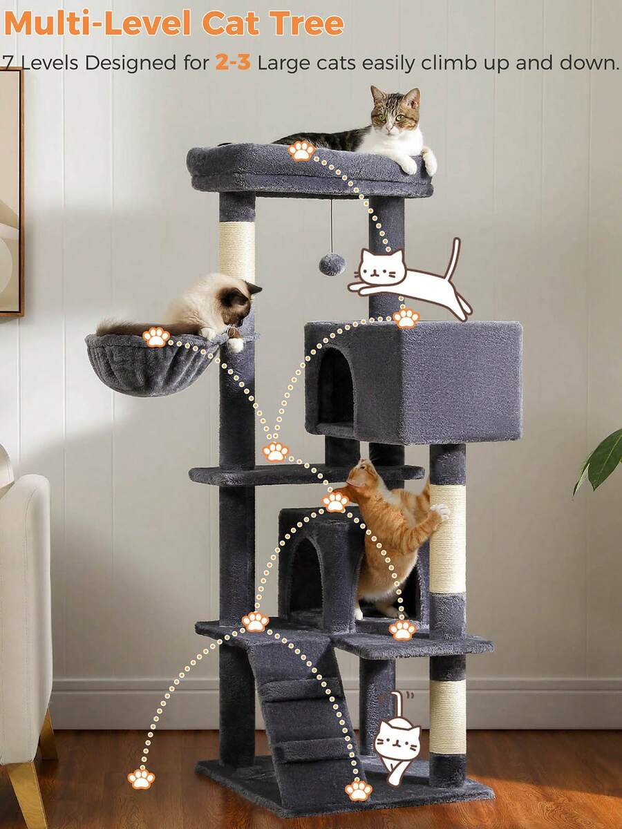 56.3 inch grey multi-level cat tree with large top perch, two condos, plush hammock, and sisal scratching posts.