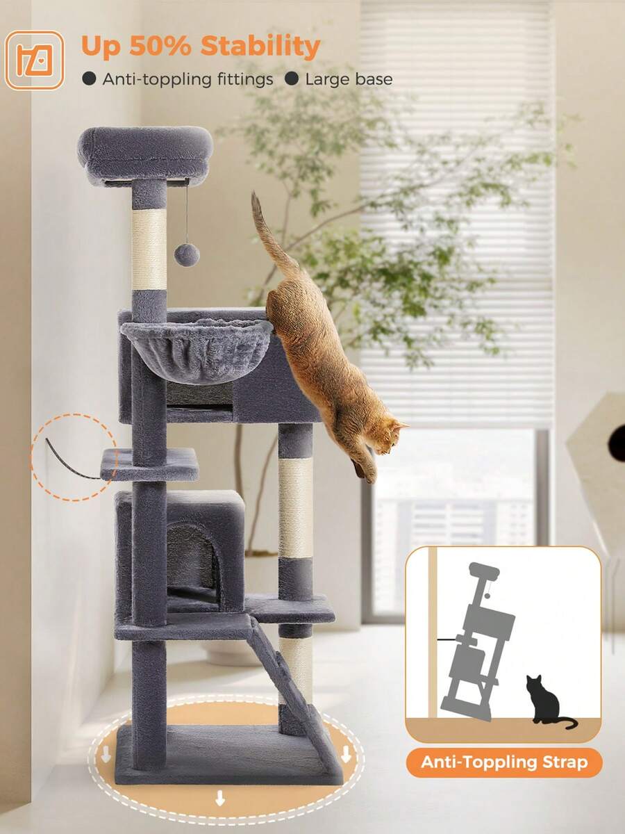 56.3 inch grey multi-level cat tree with large top perch, two condos, plush hammock, and sisal scratching posts.