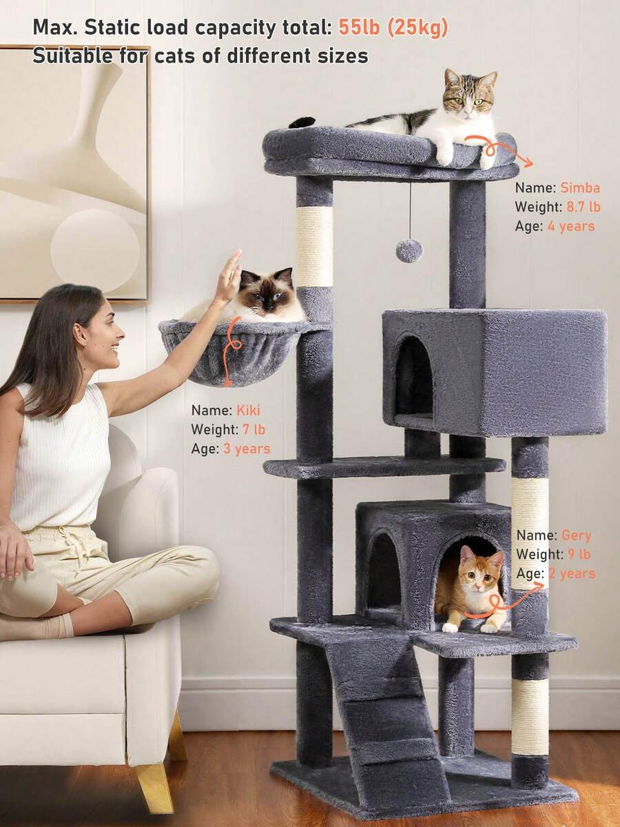 56.3 inch grey multi-level cat tree with large top perch, two condos, plush hammock, and sisal scratching posts.