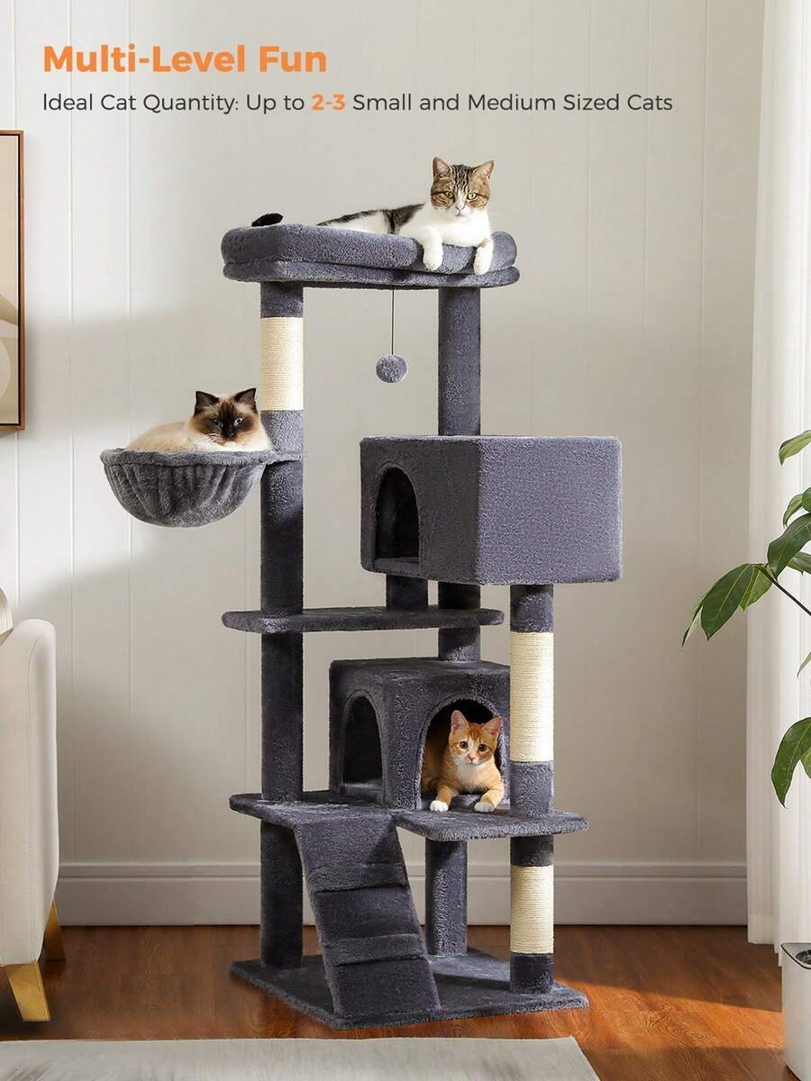 56.3 inch grey multi-level cat tree with large top perch, two condos, plush hammock, and sisal scratching posts.