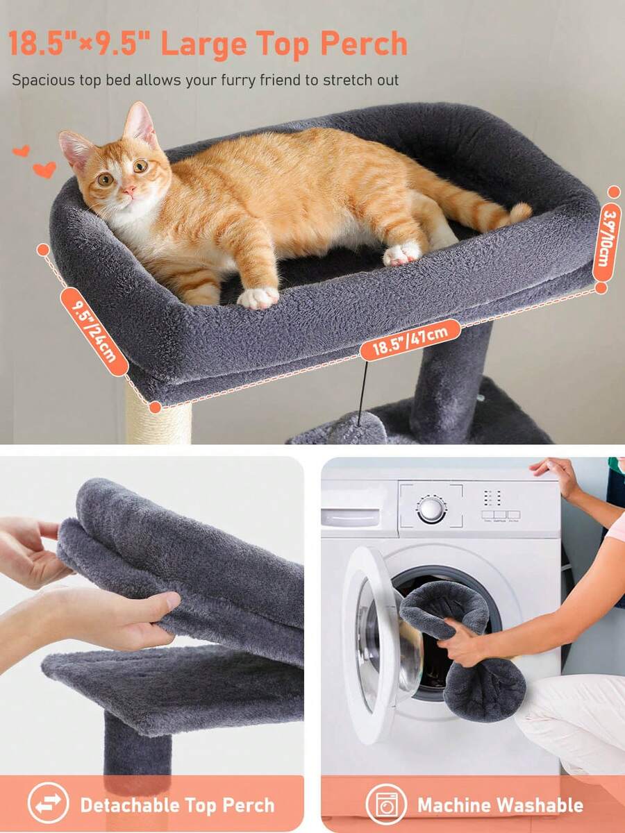 56.3 inch grey multi-level cat tree with large top perch, two condos, plush hammock, and sisal scratching posts.