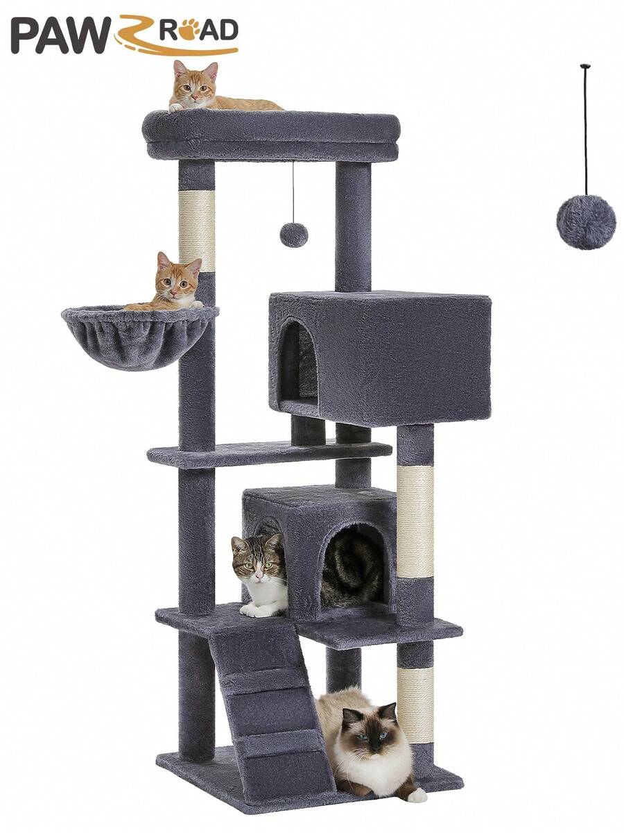 56.3 inch grey multi-level cat tree with large top perch, two condos, plush hammock, and sisal scratching posts.