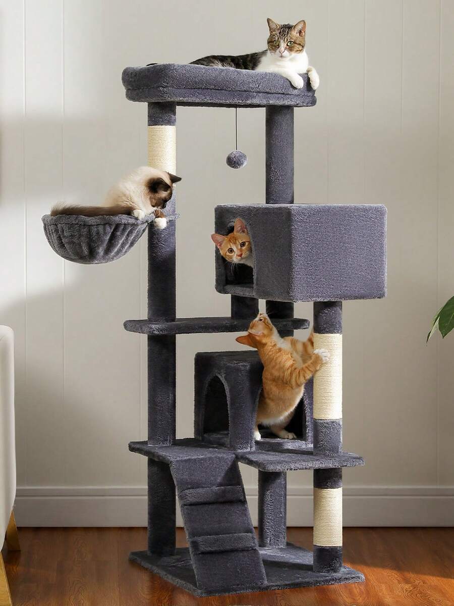 56.3 inch grey multi-level cat tree with large top perch, two condos, plush hammock, and sisal scratching posts.