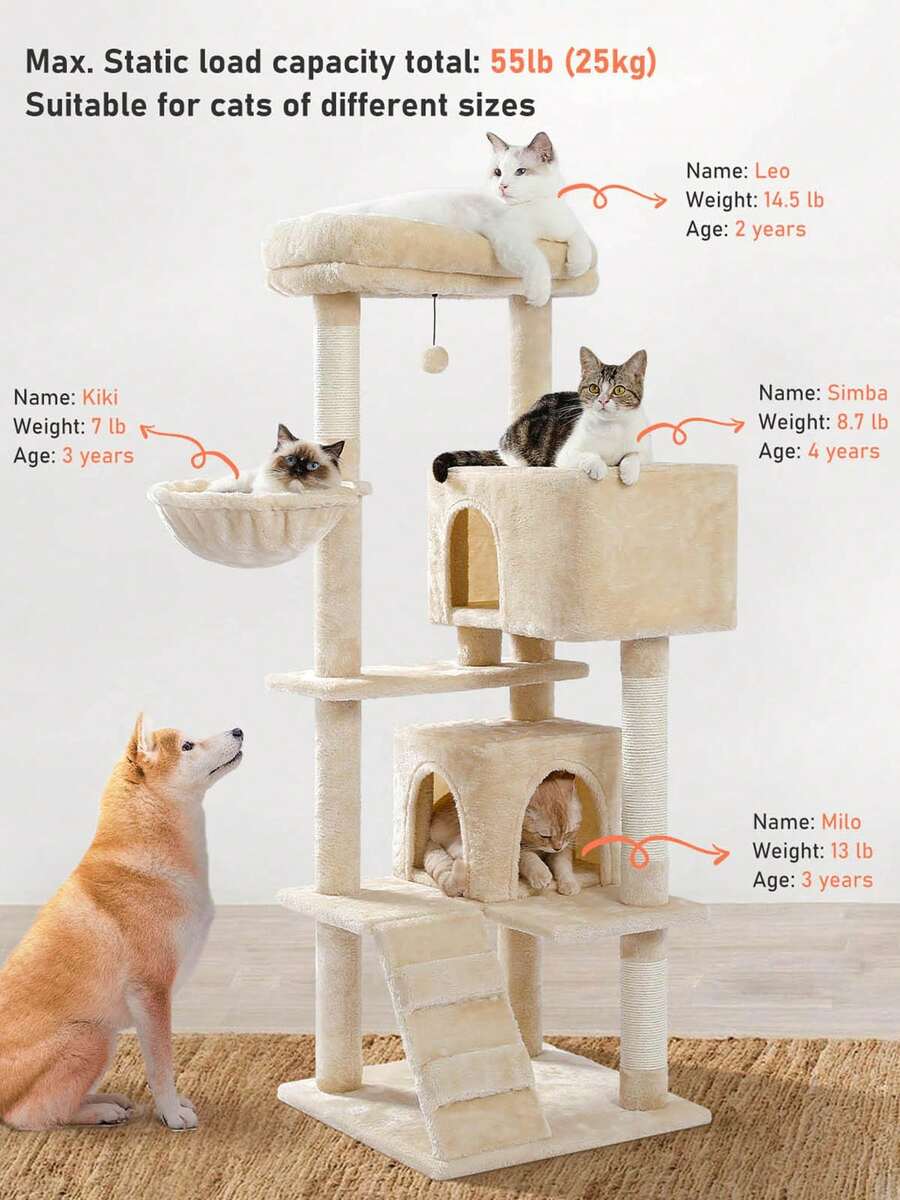 56.3 inch grey multi-level cat tree with large top perch, two condos, plush hammock, and sisal scratching posts.