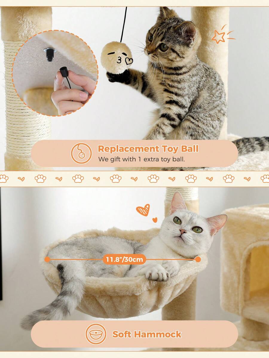 56.3 inch grey multi-level cat tree with large top perch, two condos, plush hammock, and sisal scratching posts.