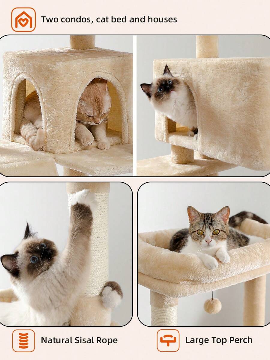 56.3 inch grey multi-level cat tree with large top perch, two condos, plush hammock, and sisal scratching posts.
