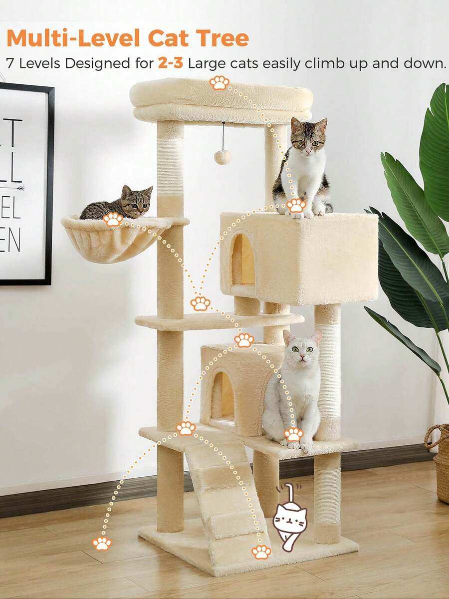 56.3 inch grey multi-level cat tree with large top perch, two condos, plush hammock, and sisal scratching posts.