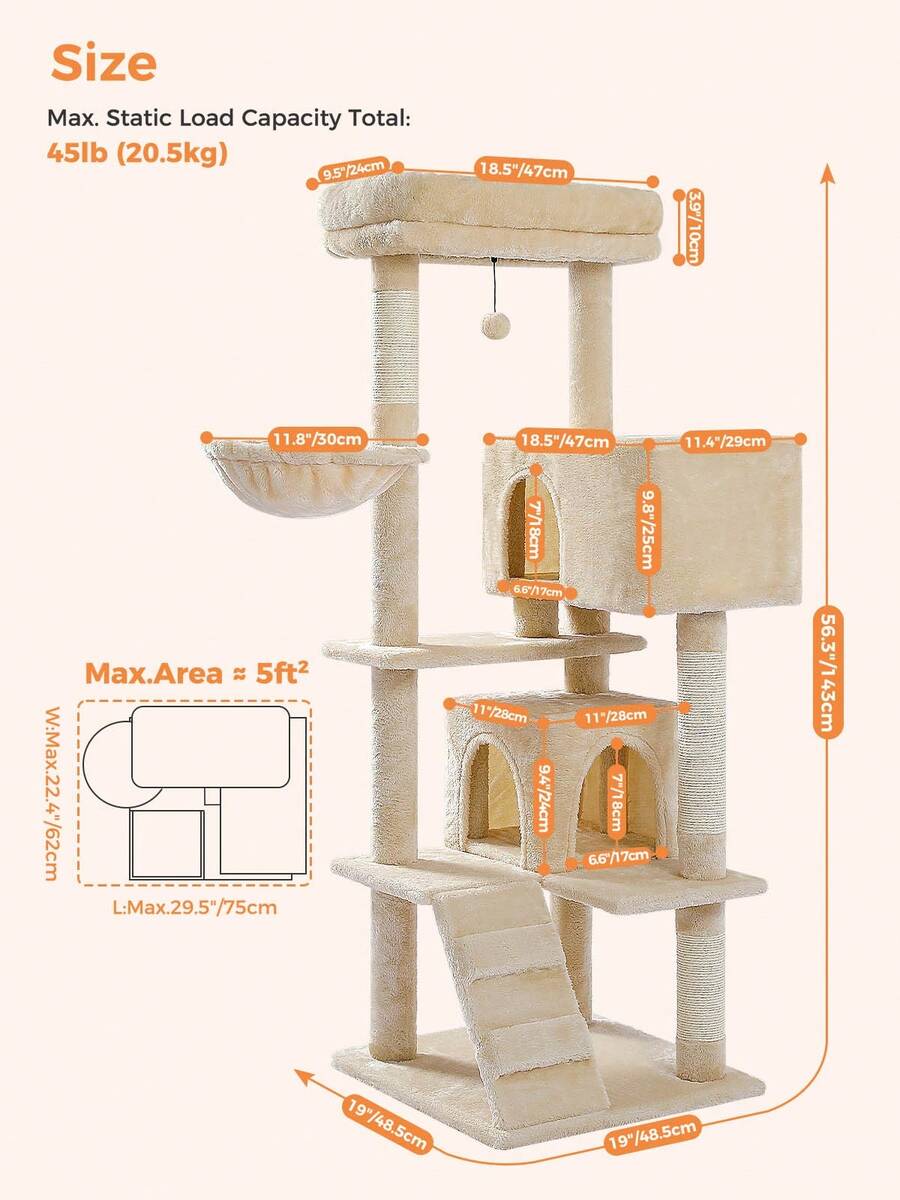 56.3 inch grey multi-level cat tree with large top perch, two condos, plush hammock, and sisal scratching posts.