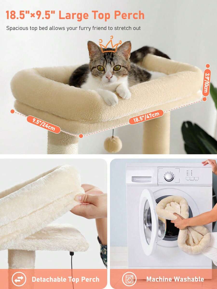 56.3 inch grey multi-level cat tree with large top perch, two condos, plush hammock, and sisal scratching posts.