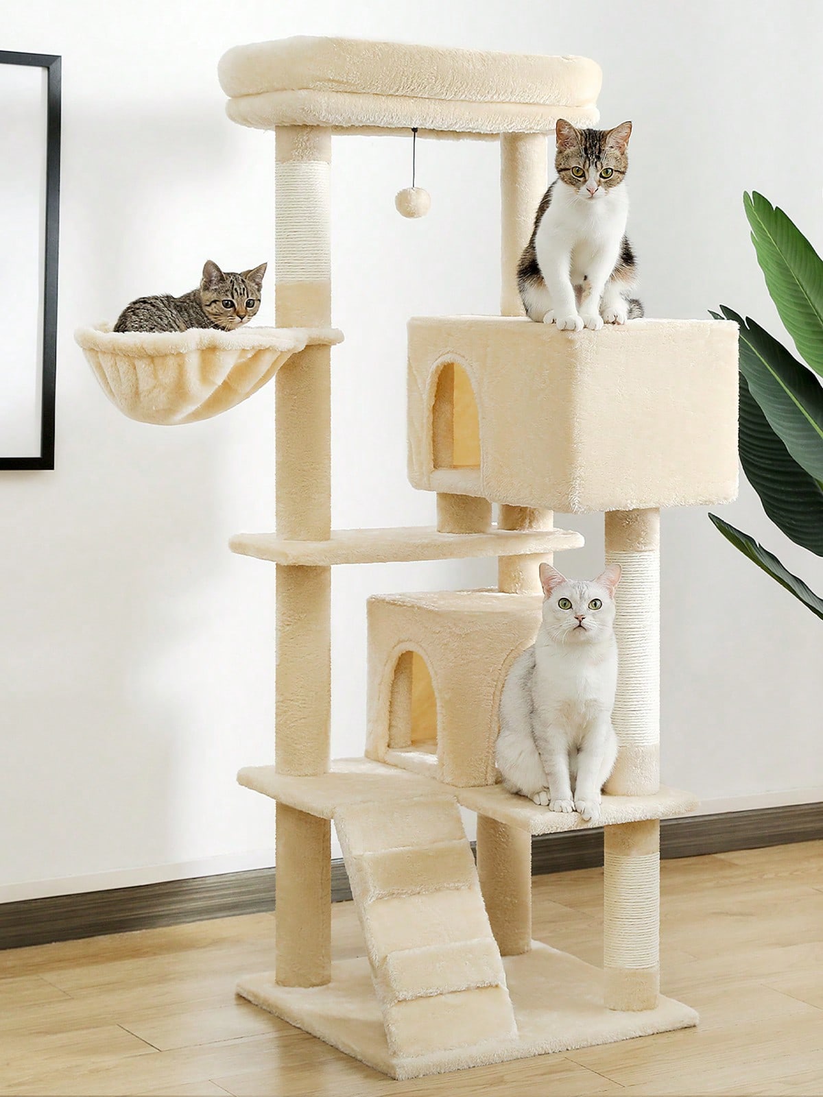 56.3 inch grey multi-level cat tree with large top perch, two condos, plush hammock, and sisal scratching posts.