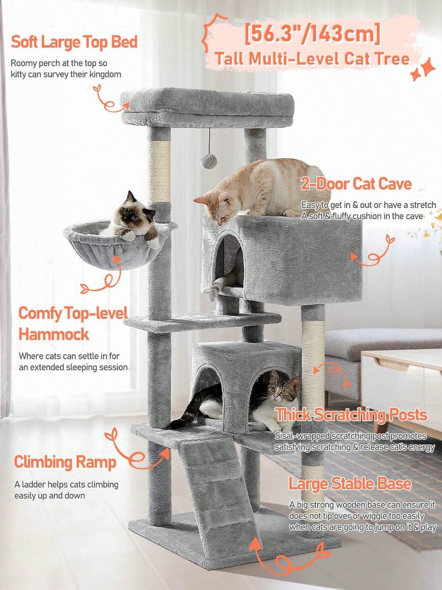 56.3 inch grey multi-level cat tree with large top perch, two condos, plush hammock, and sisal scratching posts.