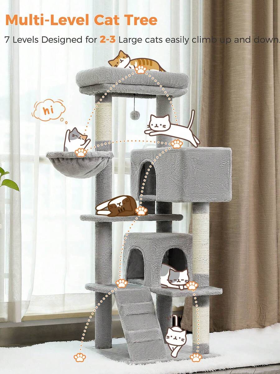 56.3 inch grey multi-level cat tree with large top perch, two condos, plush hammock, and sisal scratching posts.