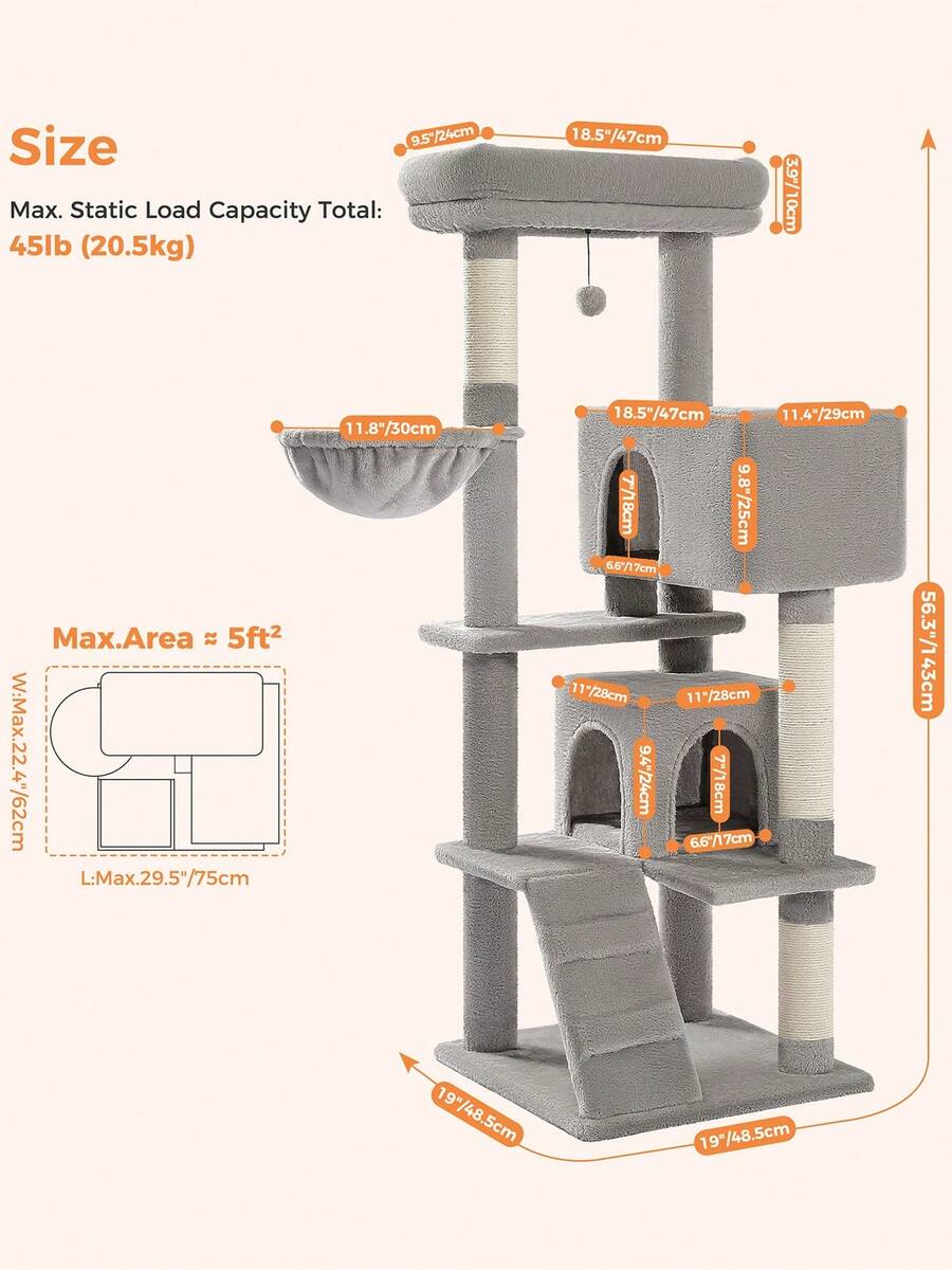 56.3 inch grey multi-level cat tree with large top perch, two condos, plush hammock, and sisal scratching posts.