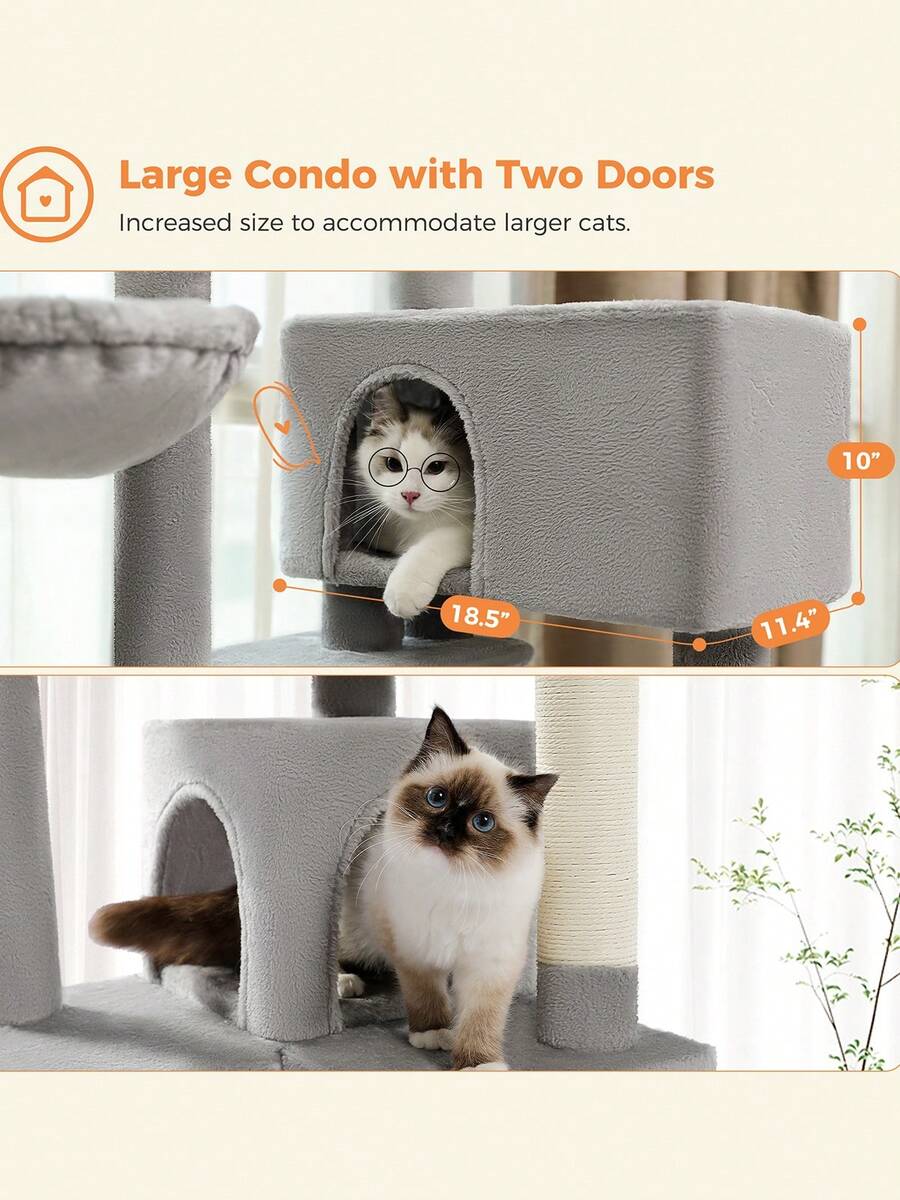 56.3 inch grey multi-level cat tree with large top perch, two condos, plush hammock, and sisal scratching posts.