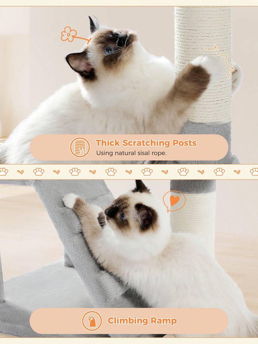 56.3 inch grey multi-level cat tree with large top perch, two condos, plush hammock, and sisal scratching posts.