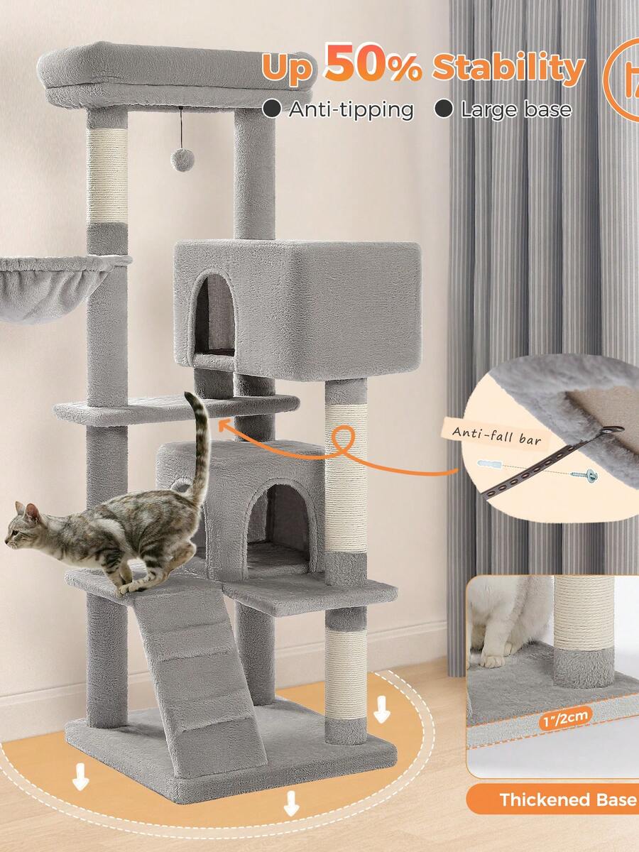 56.3 inch grey multi-level cat tree with large top perch, two condos, plush hammock, and sisal scratching posts.