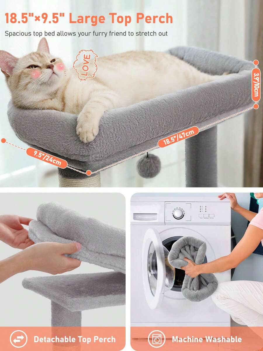 56.3 inch grey multi-level cat tree with large top perch, two condos, plush hammock, and sisal scratching posts.