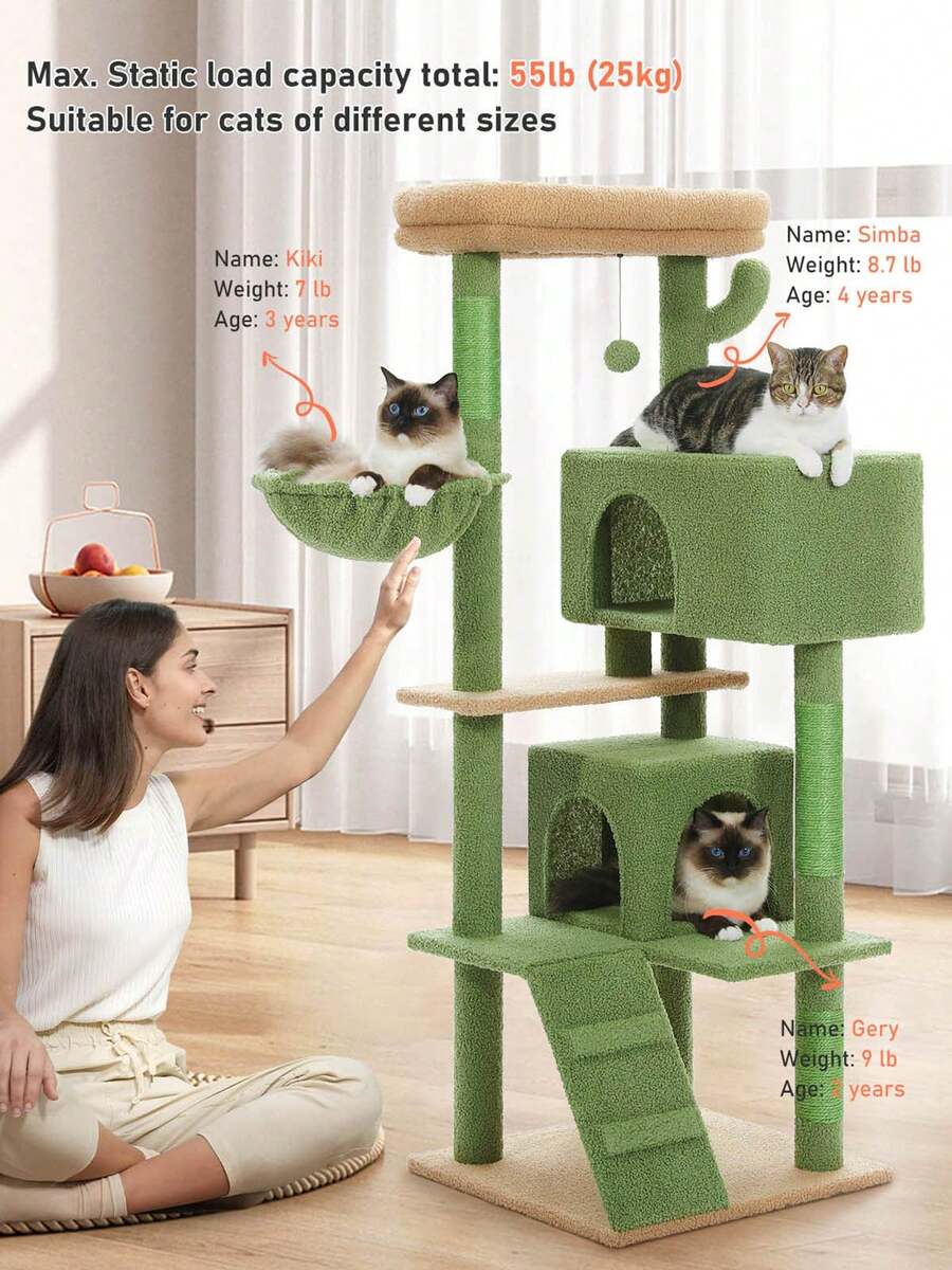56.3 inch grey multi-level cat tree with large top perch, two condos, plush hammock, and sisal scratching posts.