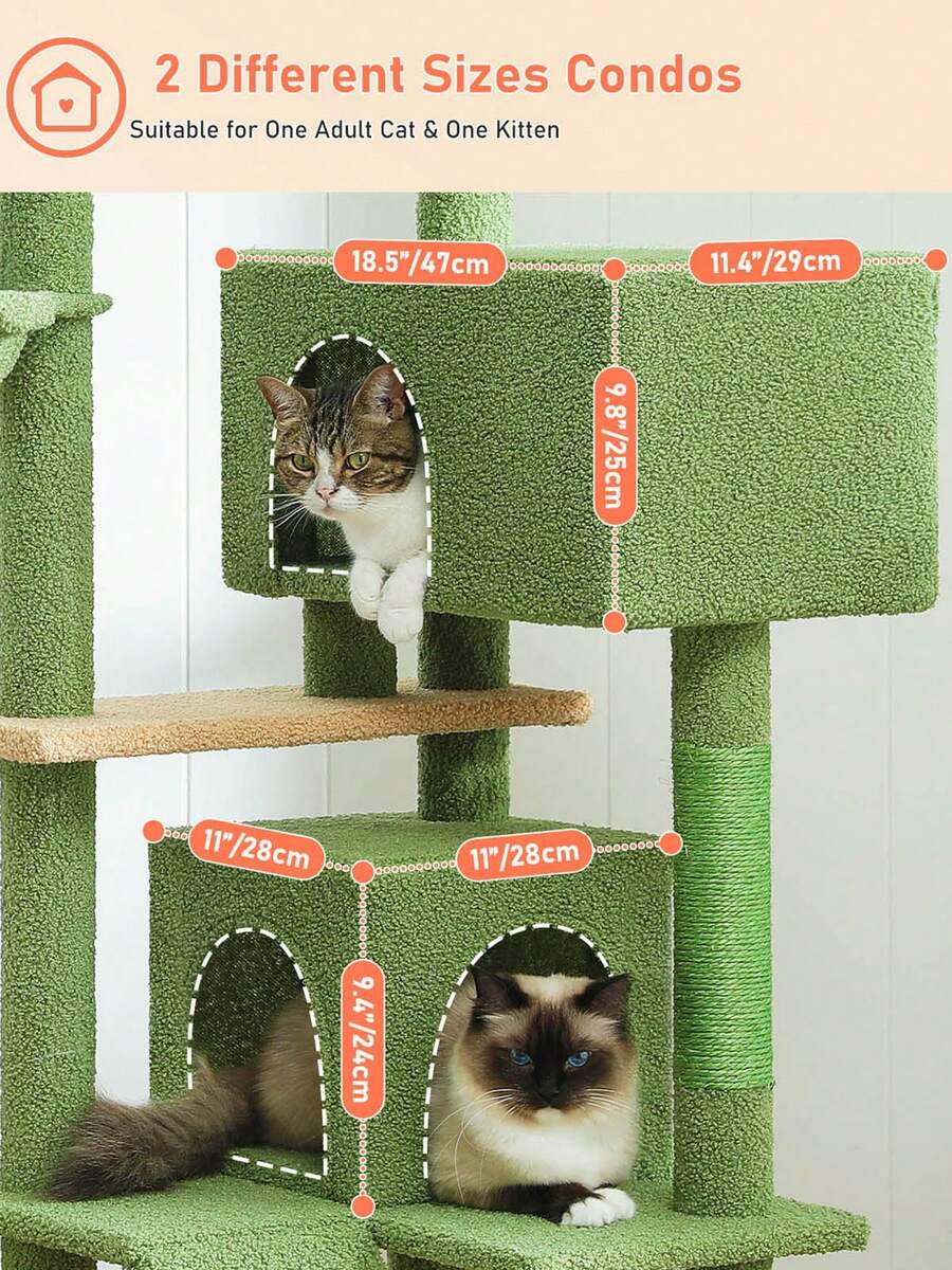 56.3 inch grey multi-level cat tree with large top perch, two condos, plush hammock, and sisal scratching posts.