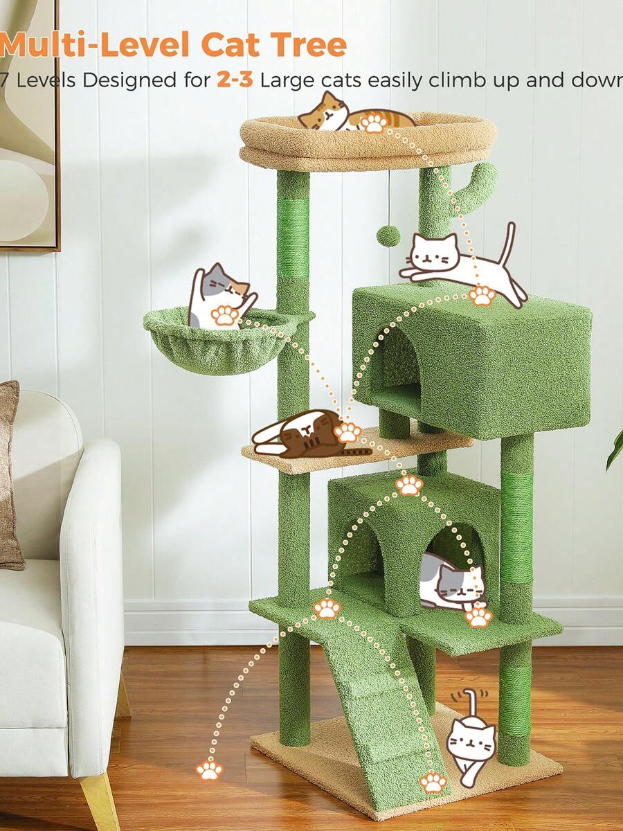 56.3 inch grey multi-level cat tree with large top perch, two condos, plush hammock, and sisal scratching posts.
