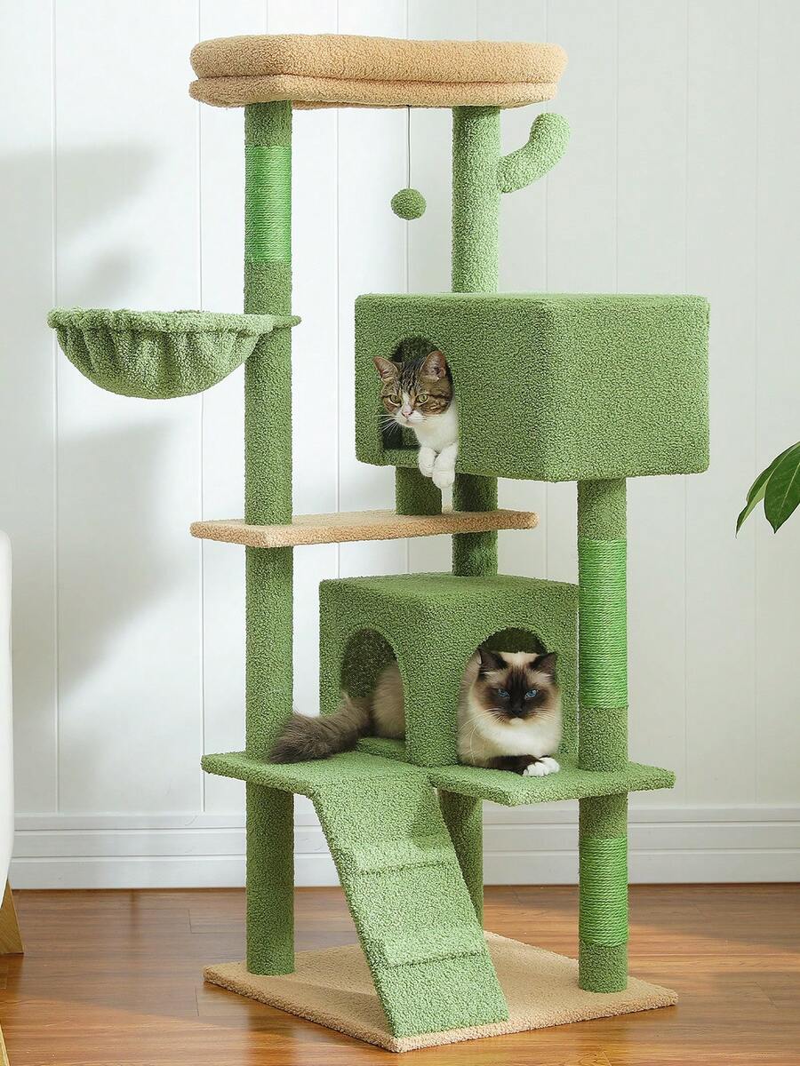 56.3 inch grey multi-level cat tree with large top perch, two condos, plush hammock, and sisal scratching posts.