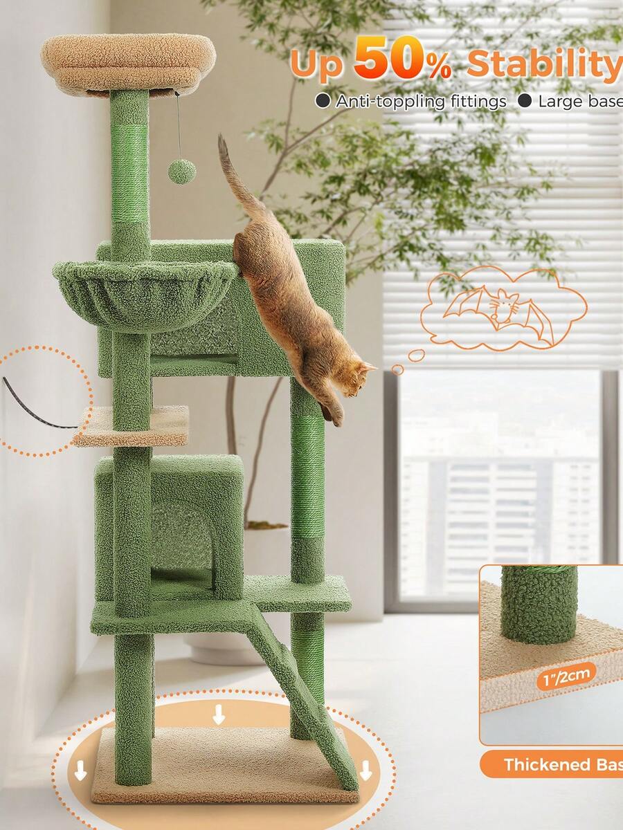 56.3 inch grey multi-level cat tree with large top perch, two condos, plush hammock, and sisal scratching posts.
