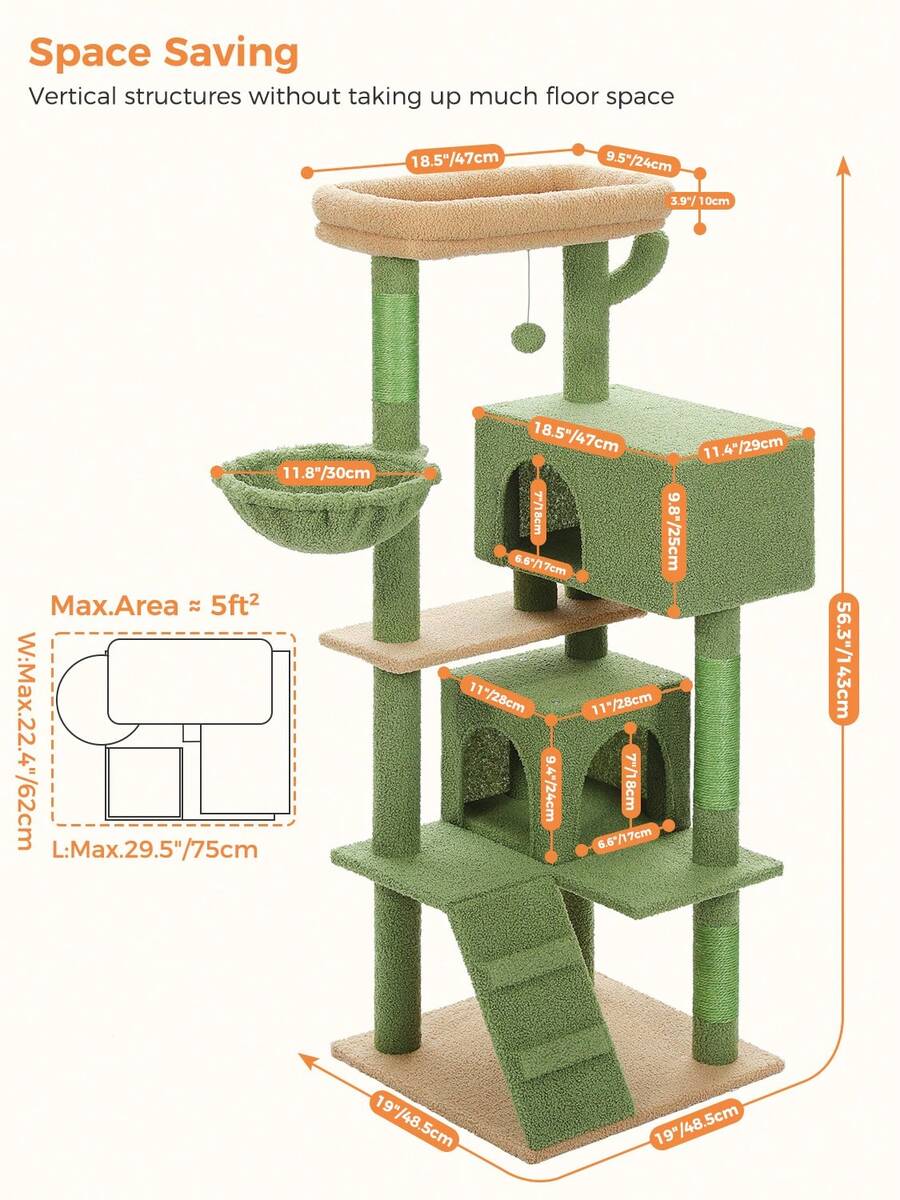 56.3 inch grey multi-level cat tree with large top perch, two condos, plush hammock, and sisal scratching posts.