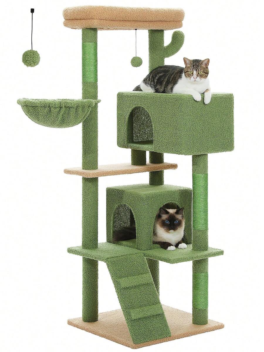 56.3 inch grey multi-level cat tree with large top perch, two condos, plush hammock, and sisal scratching posts.