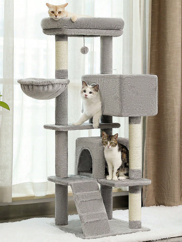 56.3 inch grey multi-level cat tree with large top perch, two condos, plush hammock, and sisal scratching posts.