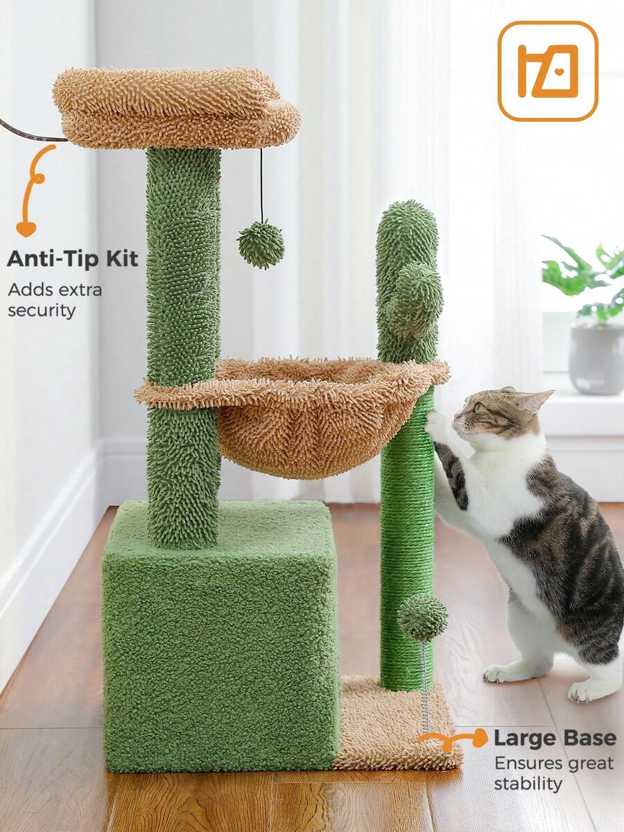 Green 33-inch cactus cat tree featuring a plush top perch, deep hammock, sisal scratching post, and large cat condo for indoor cats.