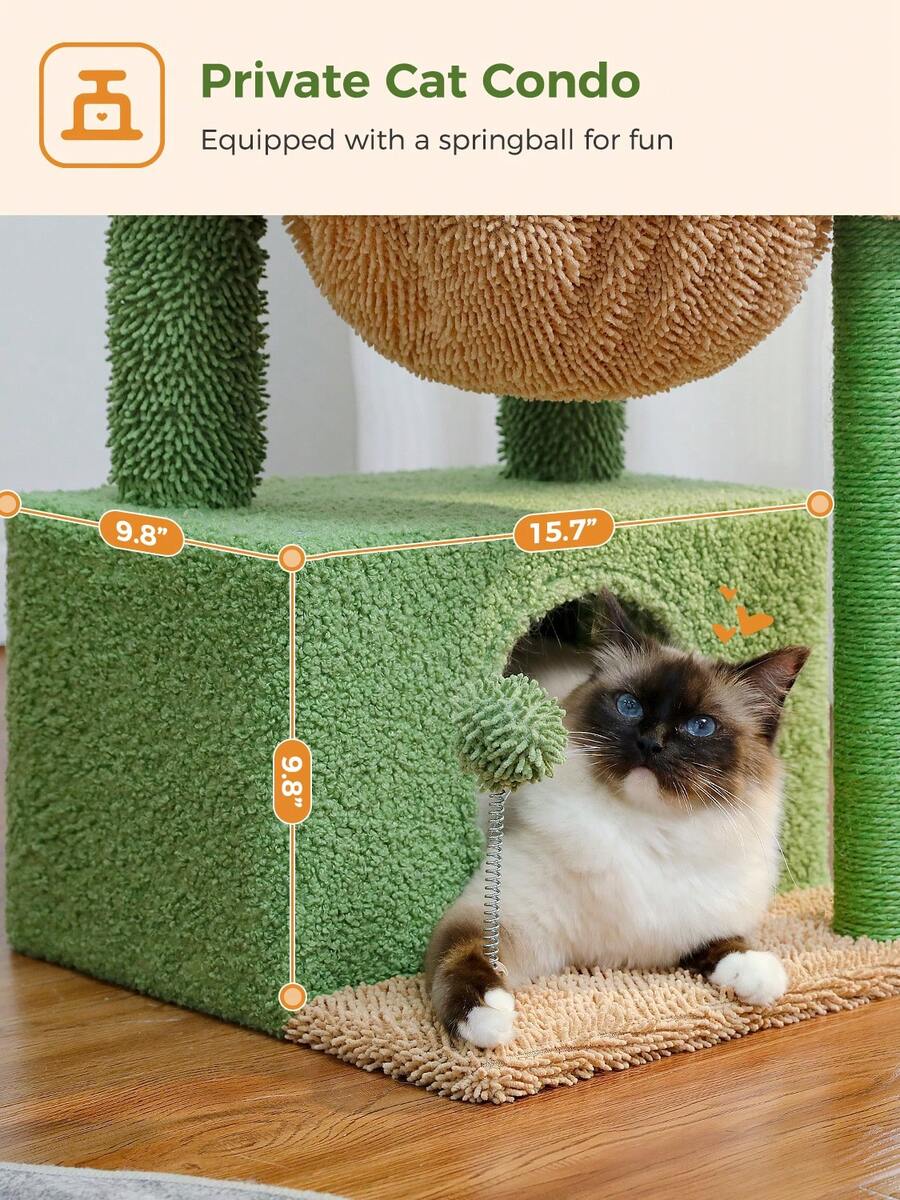 Green 33-inch cactus cat tree featuring a plush top perch, deep hammock, sisal scratching post, and large cat condo for indoor cats.